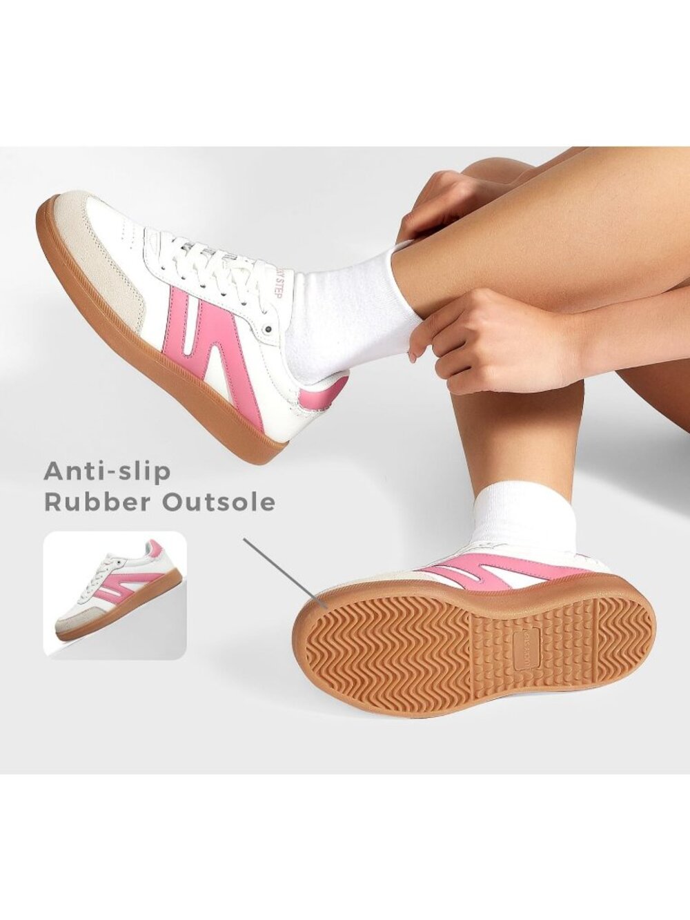 Women's White Pink Leather Lace Up Classic Retro Gum Sole Fashion Sneakers - Picture 5 of 6